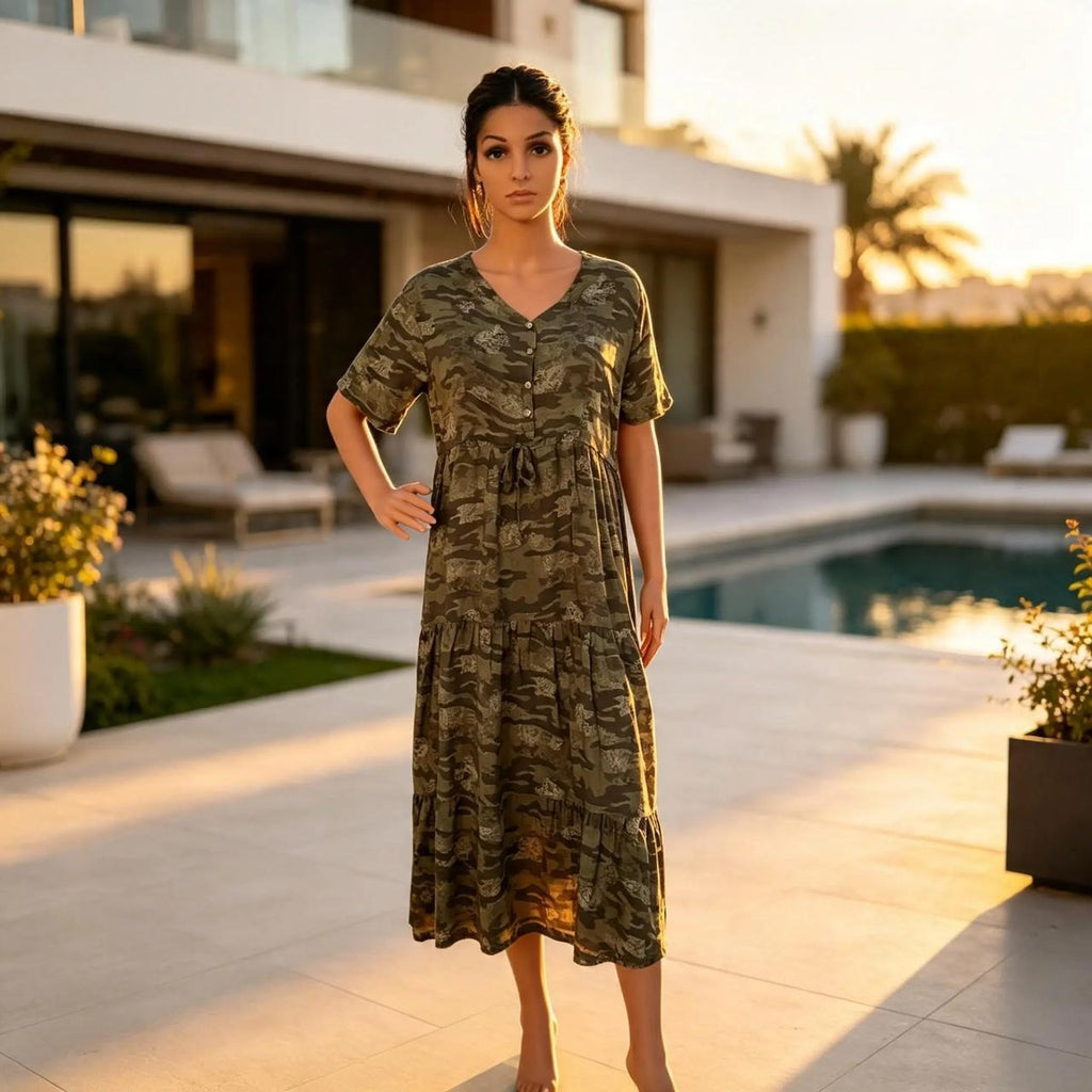 Army Green Poplin Gauze Printed Dress for Women
