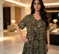 Army Green Poplin Gauze Printed Dress for Women