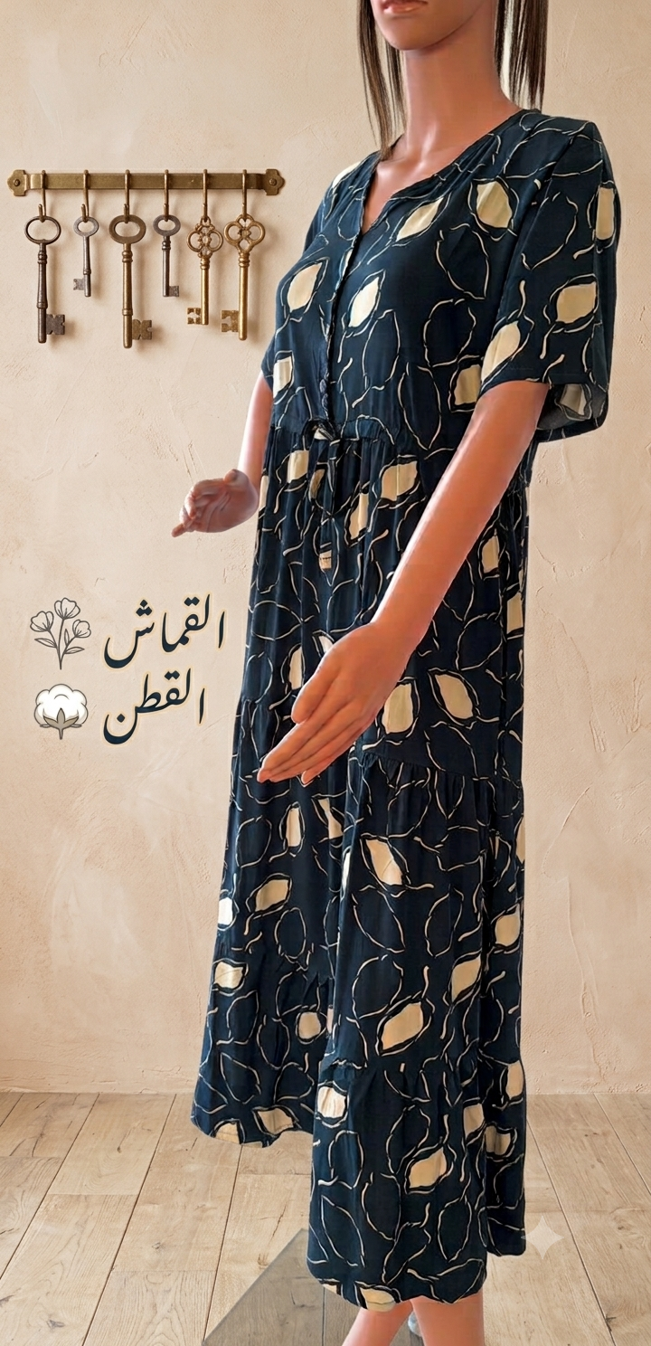 Navy Blue Long Dress with Beige Leaf Print – Premium Linen Fabric