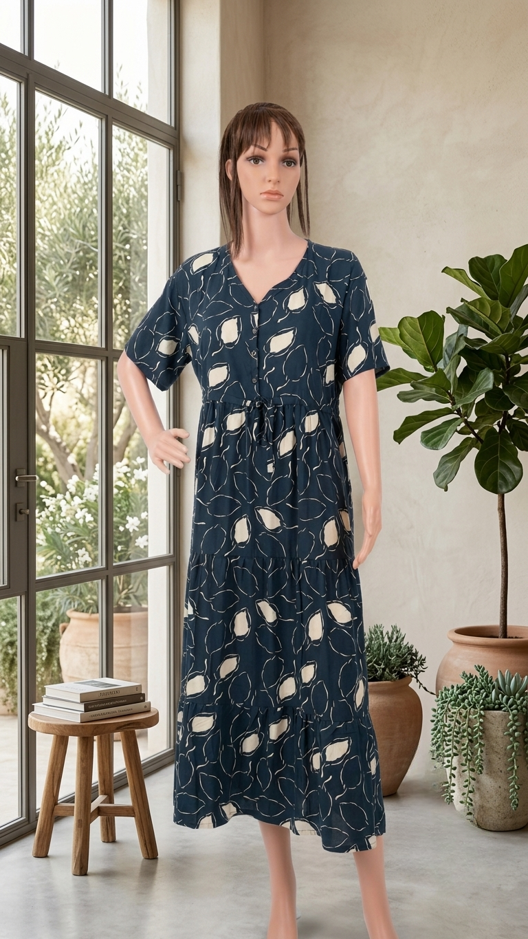 Navy Blue Long Dress with Beige Leaf Print – Premium Linen Fabric