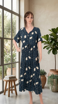 Navy Blue Long Dress with Beige Leaf Print – Premium Linen Fabric