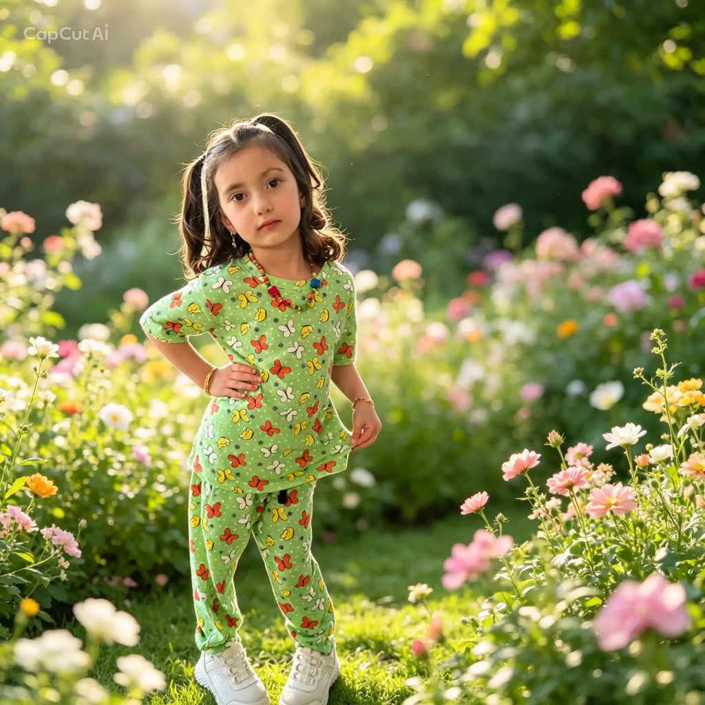 Girls' 100% Cotton Butterfly Print Pajama Set – Soft, Comfortable & Stylish