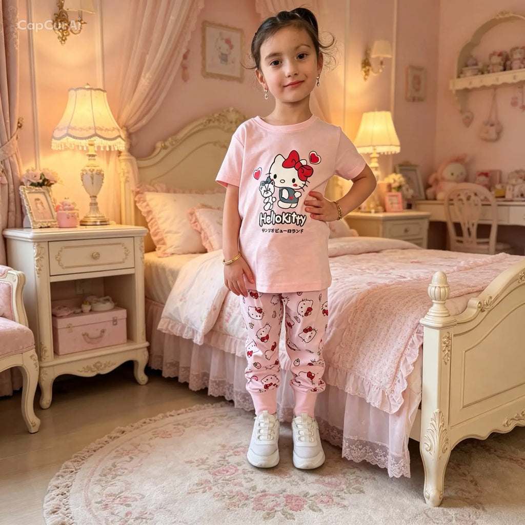 Girls' 100% Cotton Pink Pajama Set – Hello Kitty Print