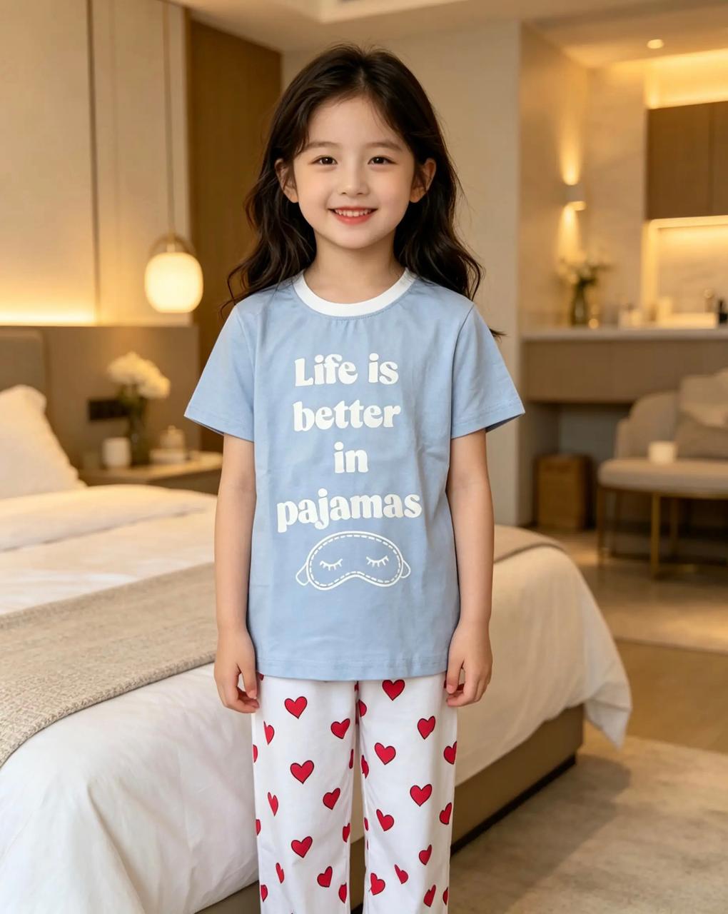 Girls’ Cotton Pajama Set with Red Hearts – Light Blue & White