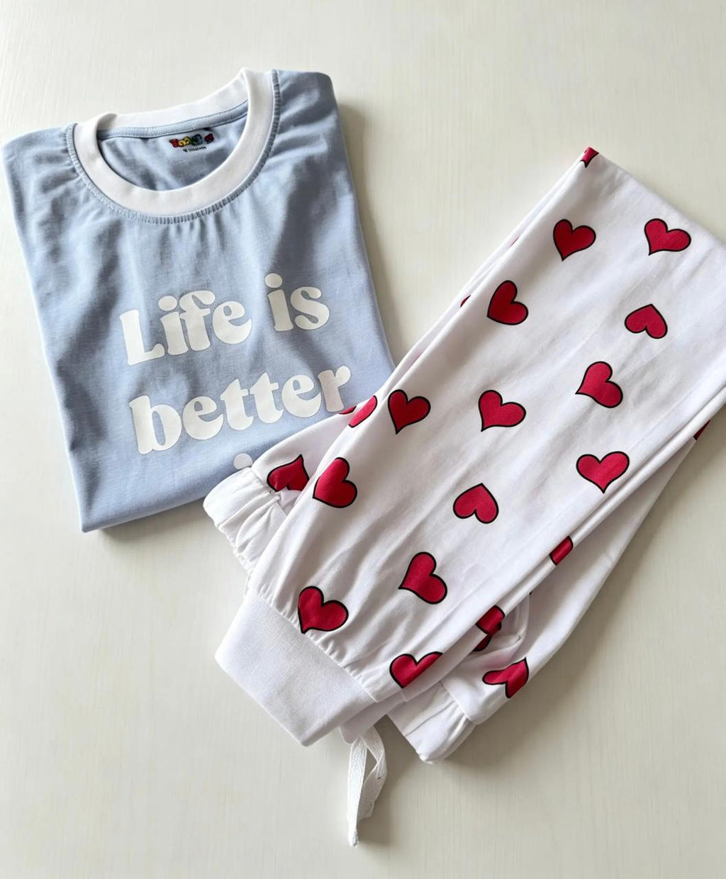 Girls’ Cotton Pajama Set with Red Hearts – Light Blue & White