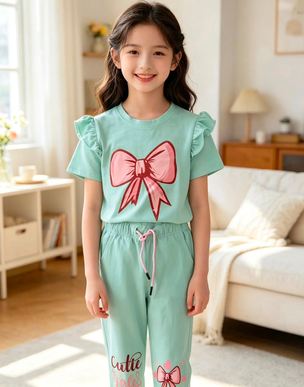 Girls' Soft Cotton Set with Pink Bow Print – Mint Green
