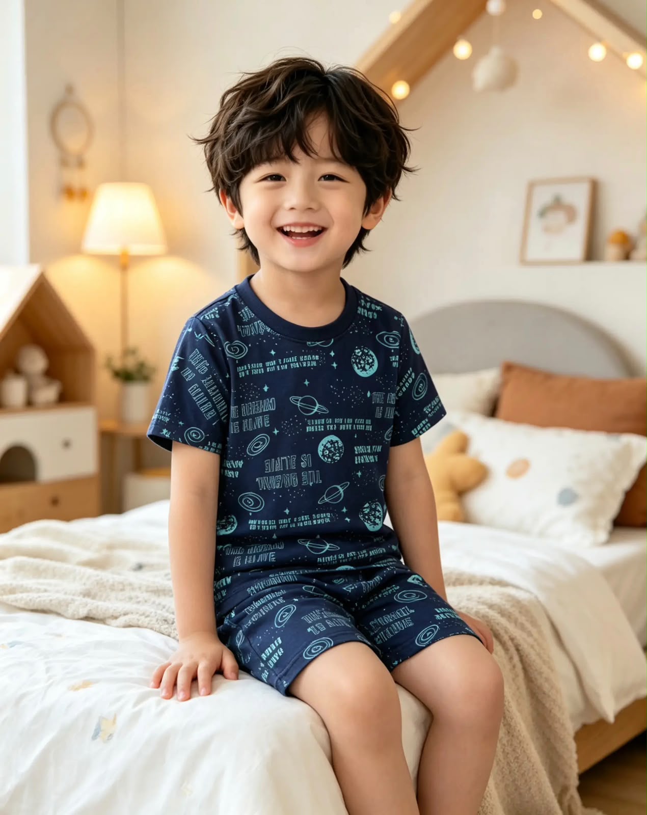 Boys' Navy Blue Pajama Set with Shiny Blue Prints – 100% Cotton