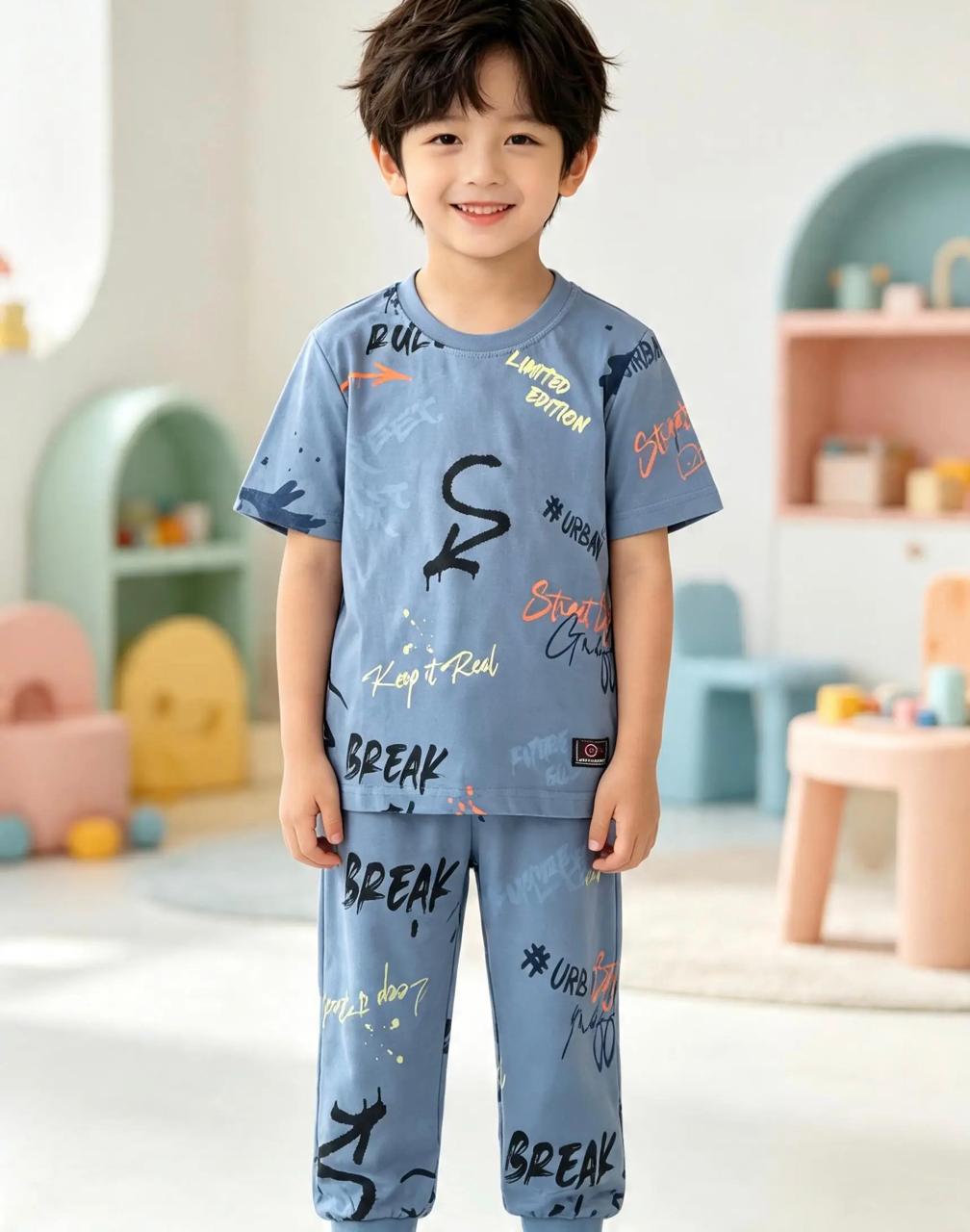 Boys’ Blue Printed Pajama Set – Premium Quality | Ages 4–14