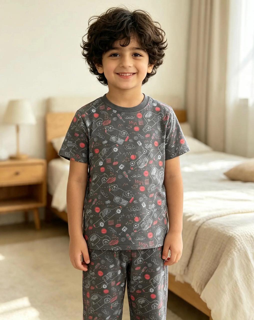Boys’ Black Pajama Set with Fun Prints – Ages 4–14