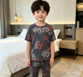 Boys’ Soft Cotton Pajama Set – Black with Modern Red & White Prints | Ages 4–14