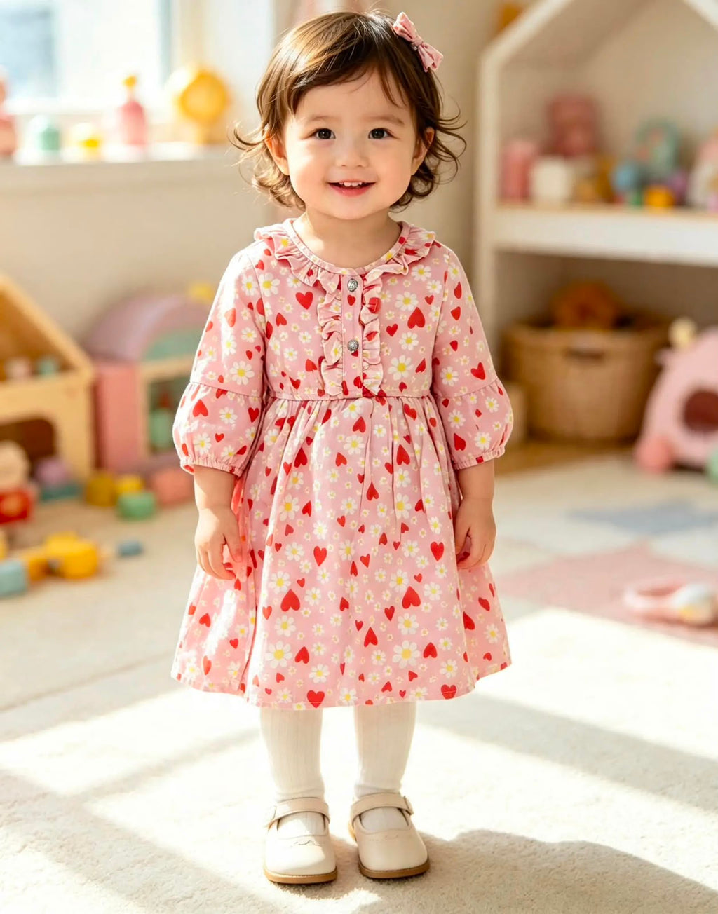 Girls’ Pink Heart & Floral Print Dress – Elegant Baby & Toddler Dress