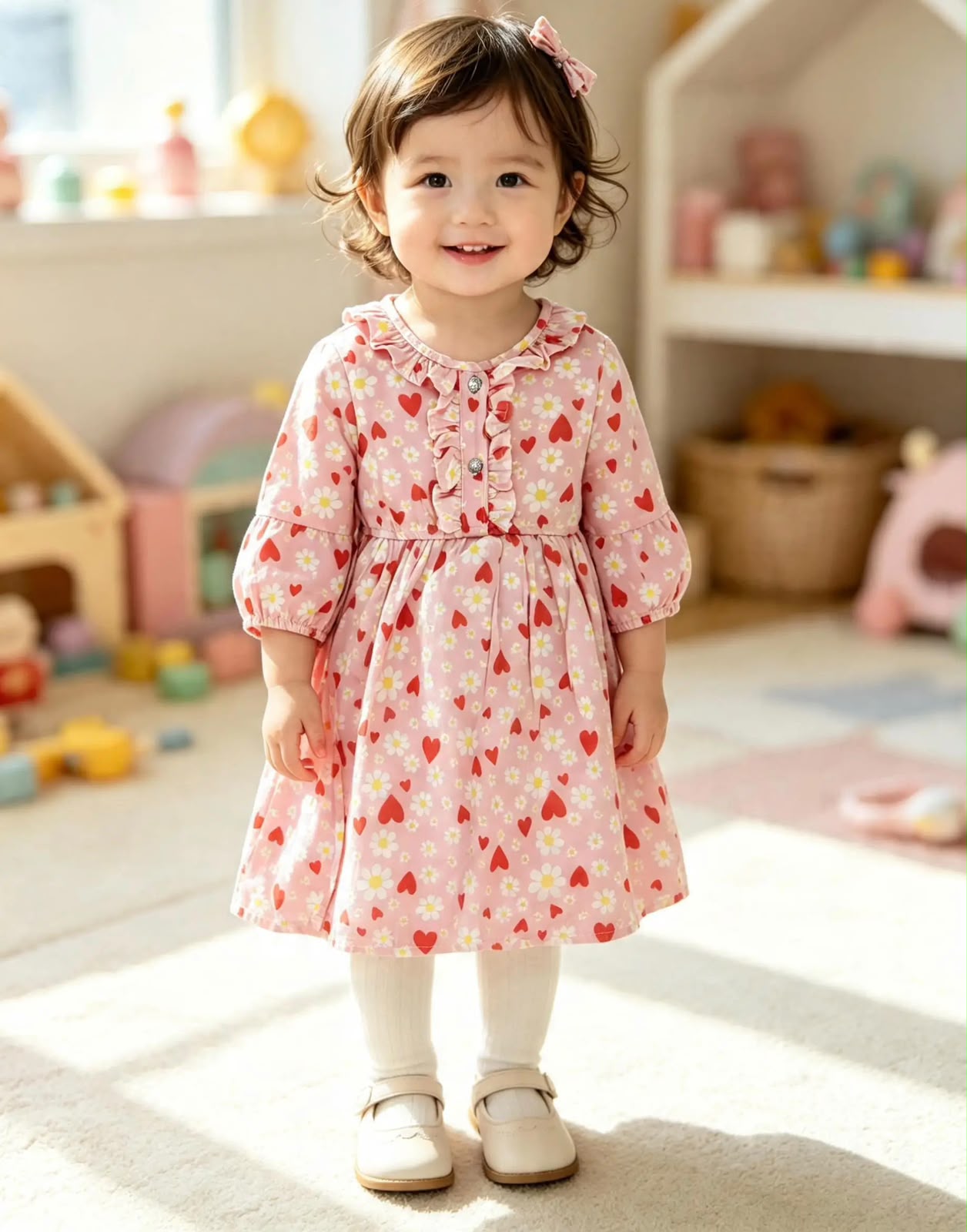 Girls’ Pink Heart & Floral Print Dress – Elegant Baby & Toddler Dress