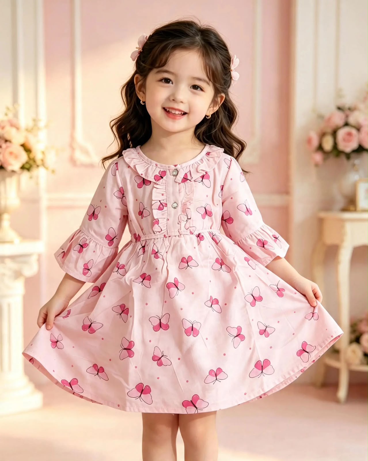 Elegant Pink Girls’ Dress with Beautiful Pink Butterfly Prints – Premium English Brand