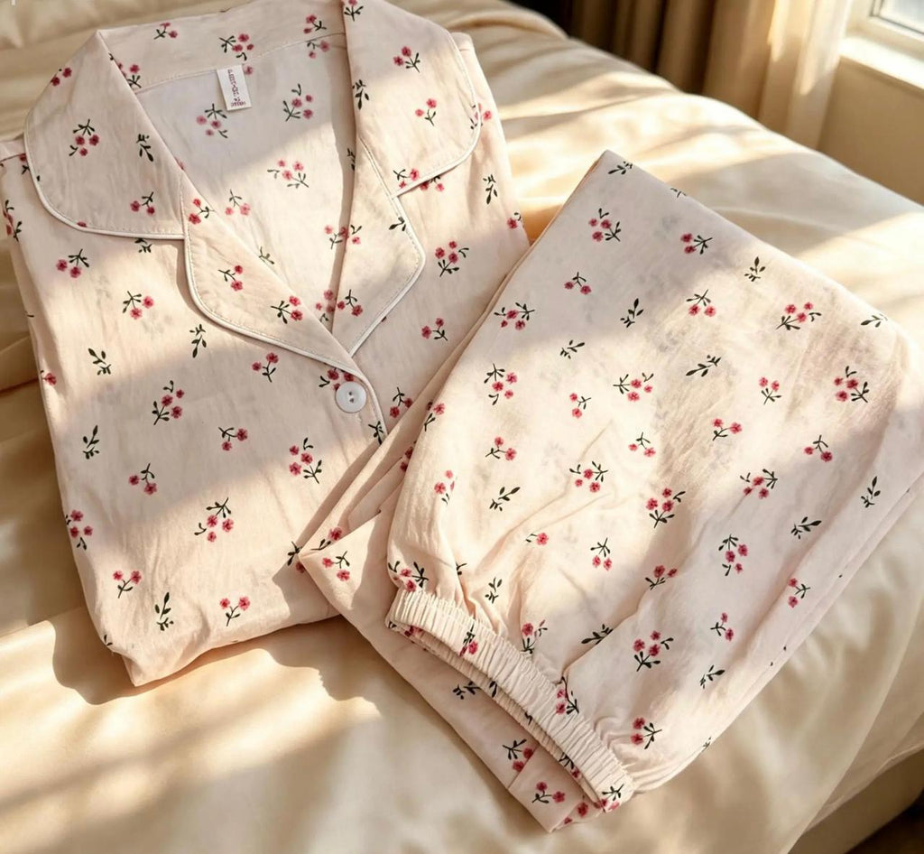 Elegant Beige Summer Pajama Set with Small Red Floral Prints