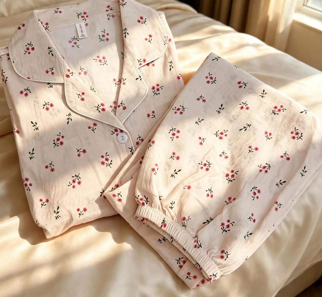 Elegant Beige Summer Pajama Set with Small Red Floral Prints