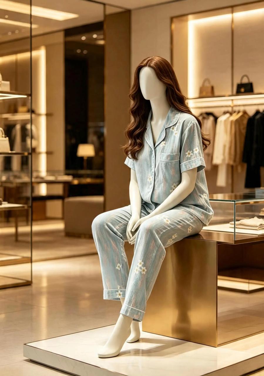 Baby Blue Summer Pajama Set with White Floral Print