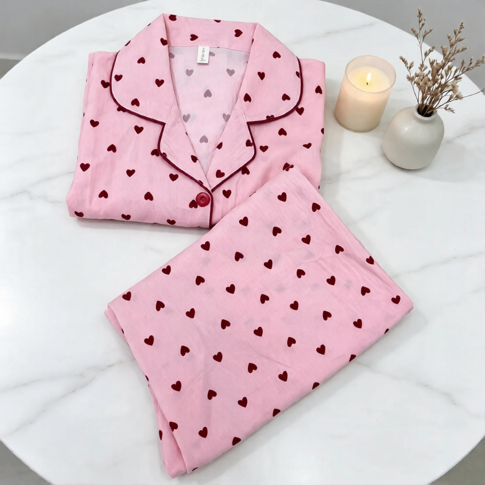 Pink Summer Pajama Set with Red Hearts – Elegant & Comfortable Sleepwear