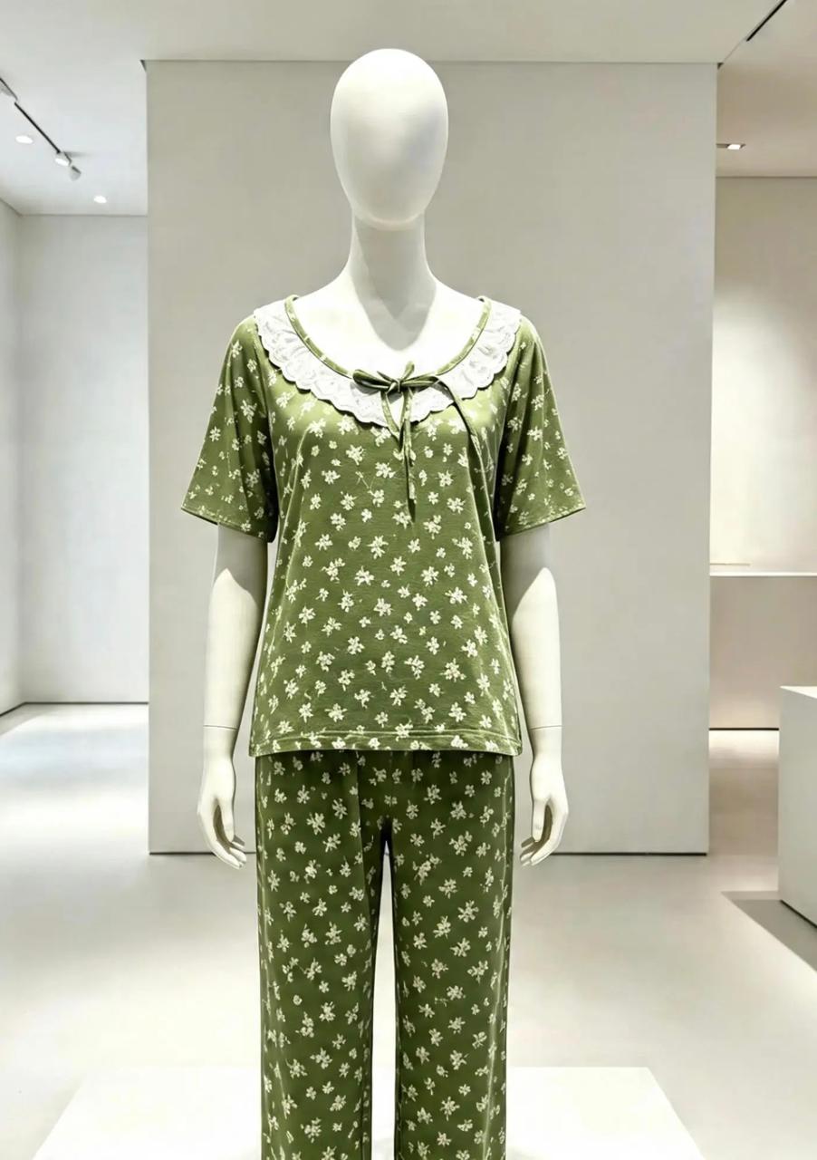 Green 3-Piece Summer Pajama Set with White Floral Print