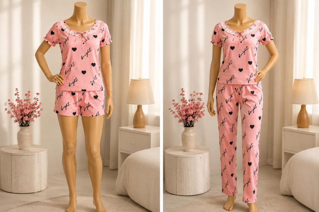 3-Piece Pink Women’s Pajama Set with Black Hearts