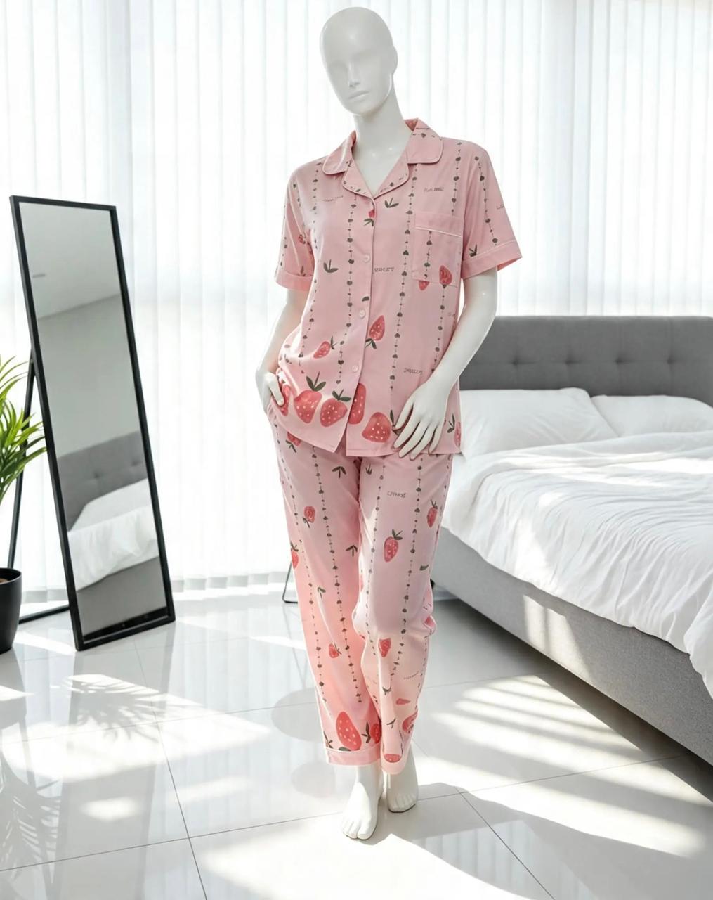 Women’s Cotton Short-Sleeve Pajama Set with Front Buttons & Strawberry Print