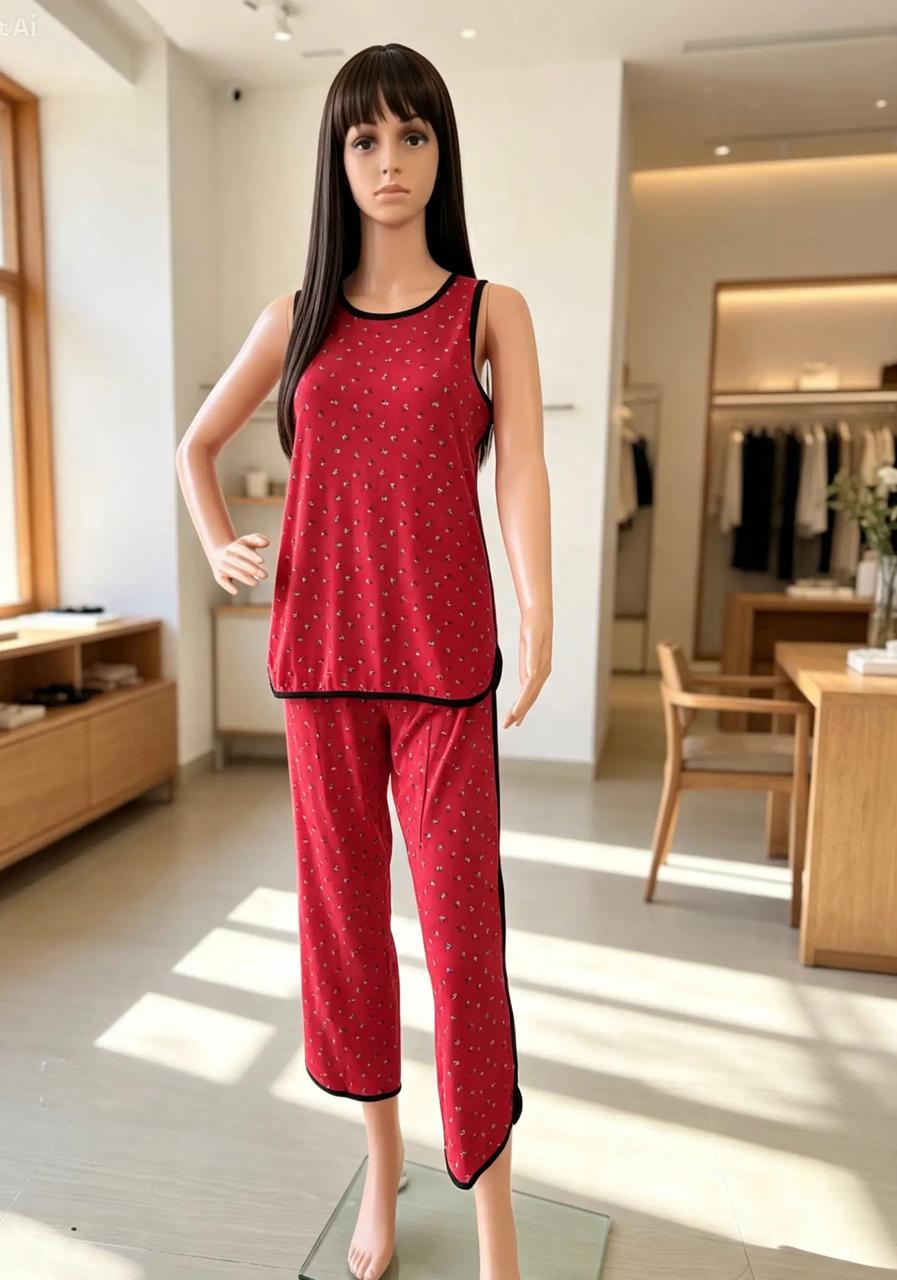 Red Cotton Stretch Women’s Pajama Set with Delicate Floral Print