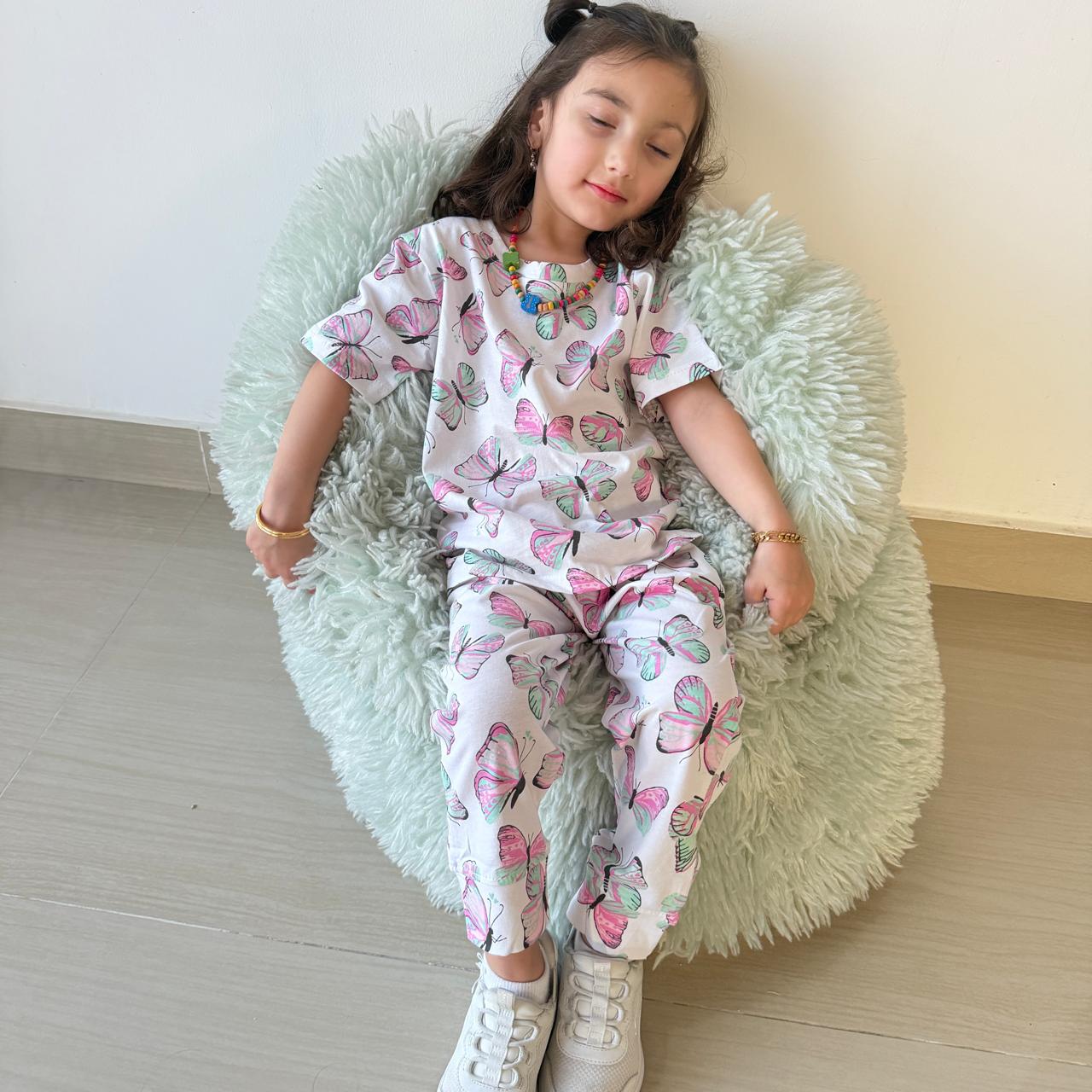 Girls' 100% Cotton Butterfly Print Pajama Set – Soft, Co Print Pajama Set,comfortable & Stylish
