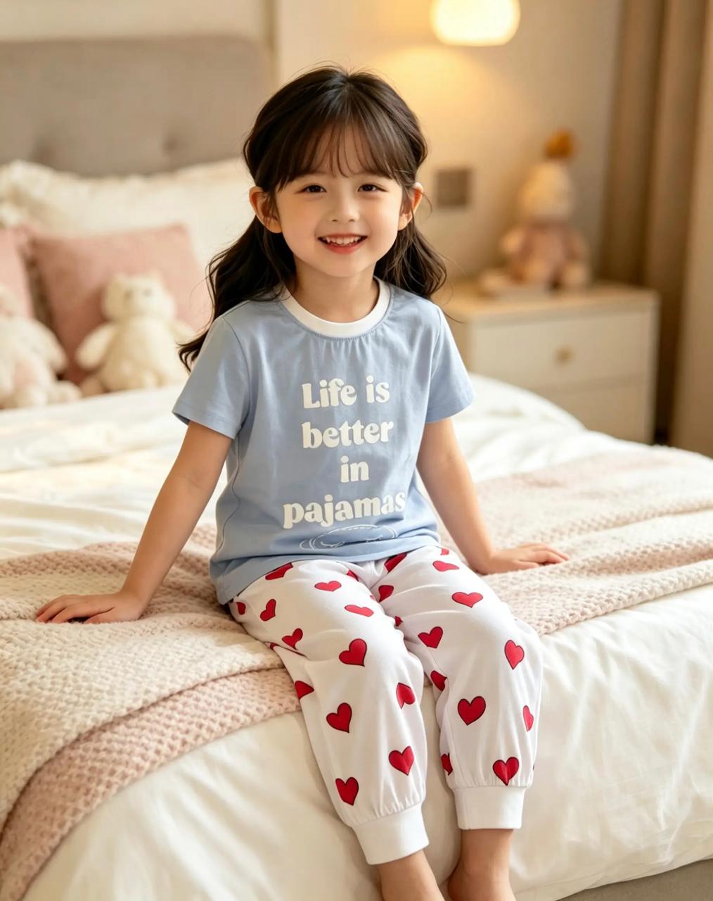 Girls’ Cotton Pajama Set with Red Hearts – Light Blue & White