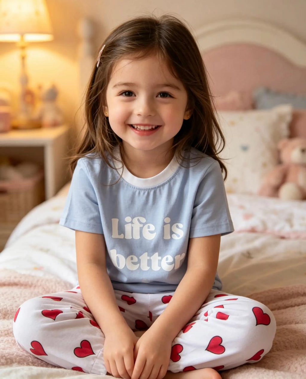 Girls’ Cotton Pajama Set with Red Hearts – Light Blue & White