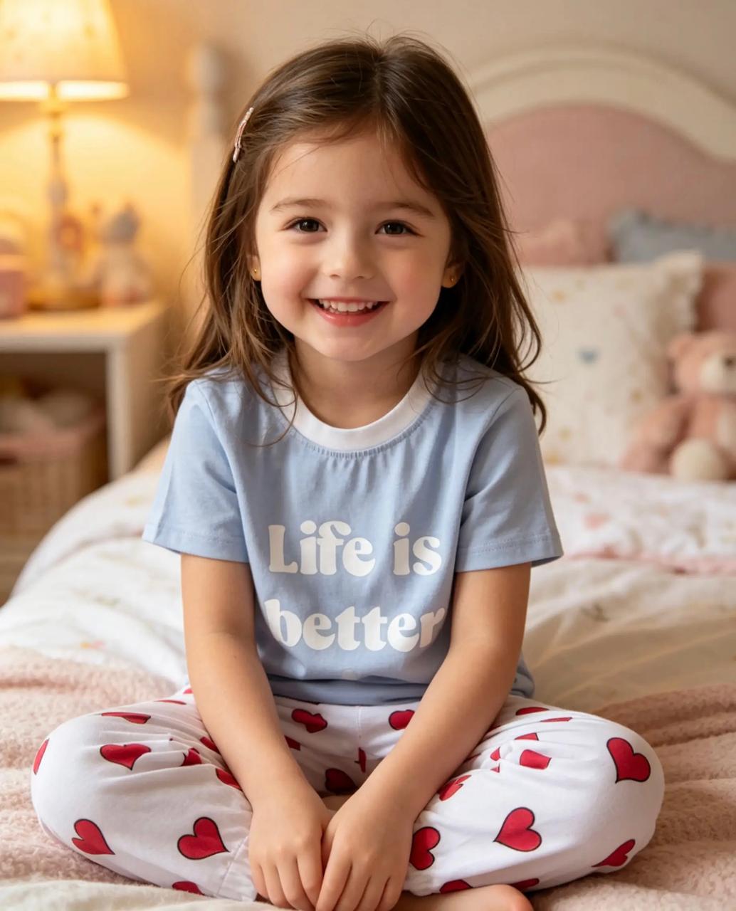 Girls’ Cotton Pajama Set with Red Hearts – Light Blue & White
