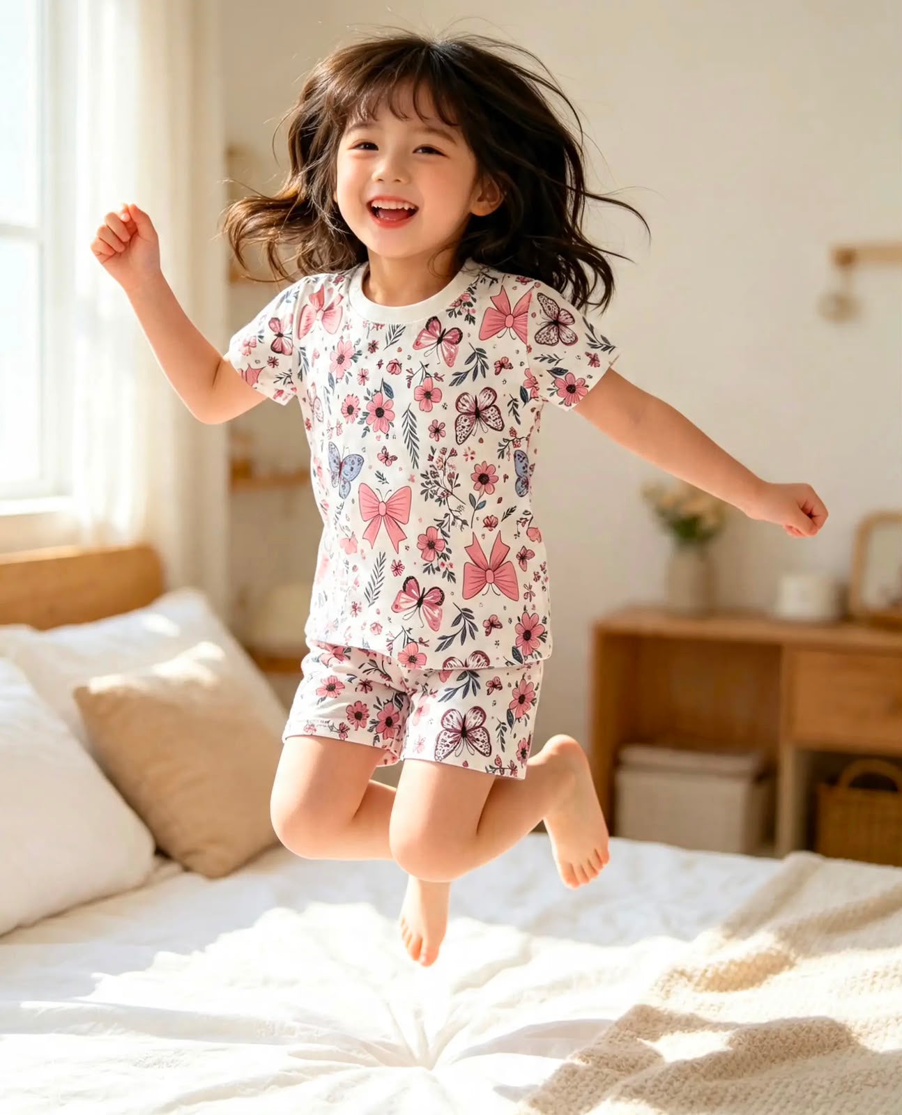 Girls' 100% Cotton Butterfly Print Short Pajama Set