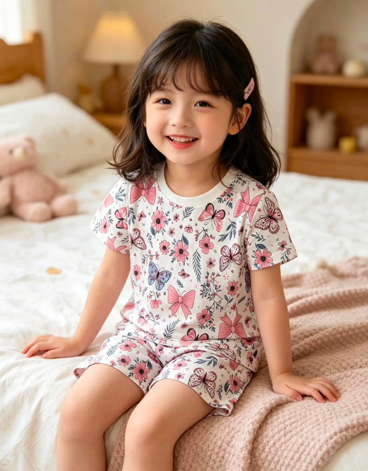 Girls' 100% Cotton Butterfly Print Short Pajama Set