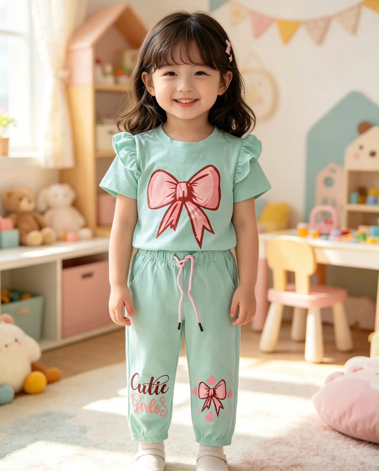 Girls' Soft Cotton Set with Pink Bow Print – Mint Green