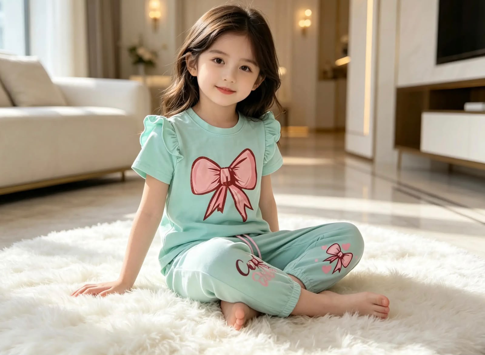 Girls' Soft Cotton Set with Pink Bow Print – Mint Green