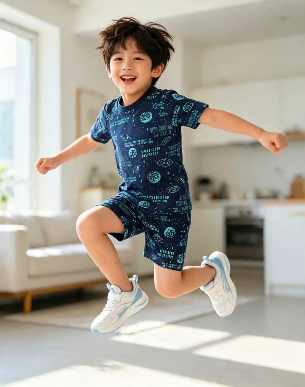 Boys' Navy Blue Pajama Set with Shiny Blue Prints – 100% Cotton