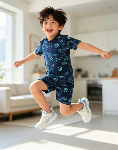 Boys' Navy Blue Pajama Set with Shiny Blue Prints – 100% Cotton