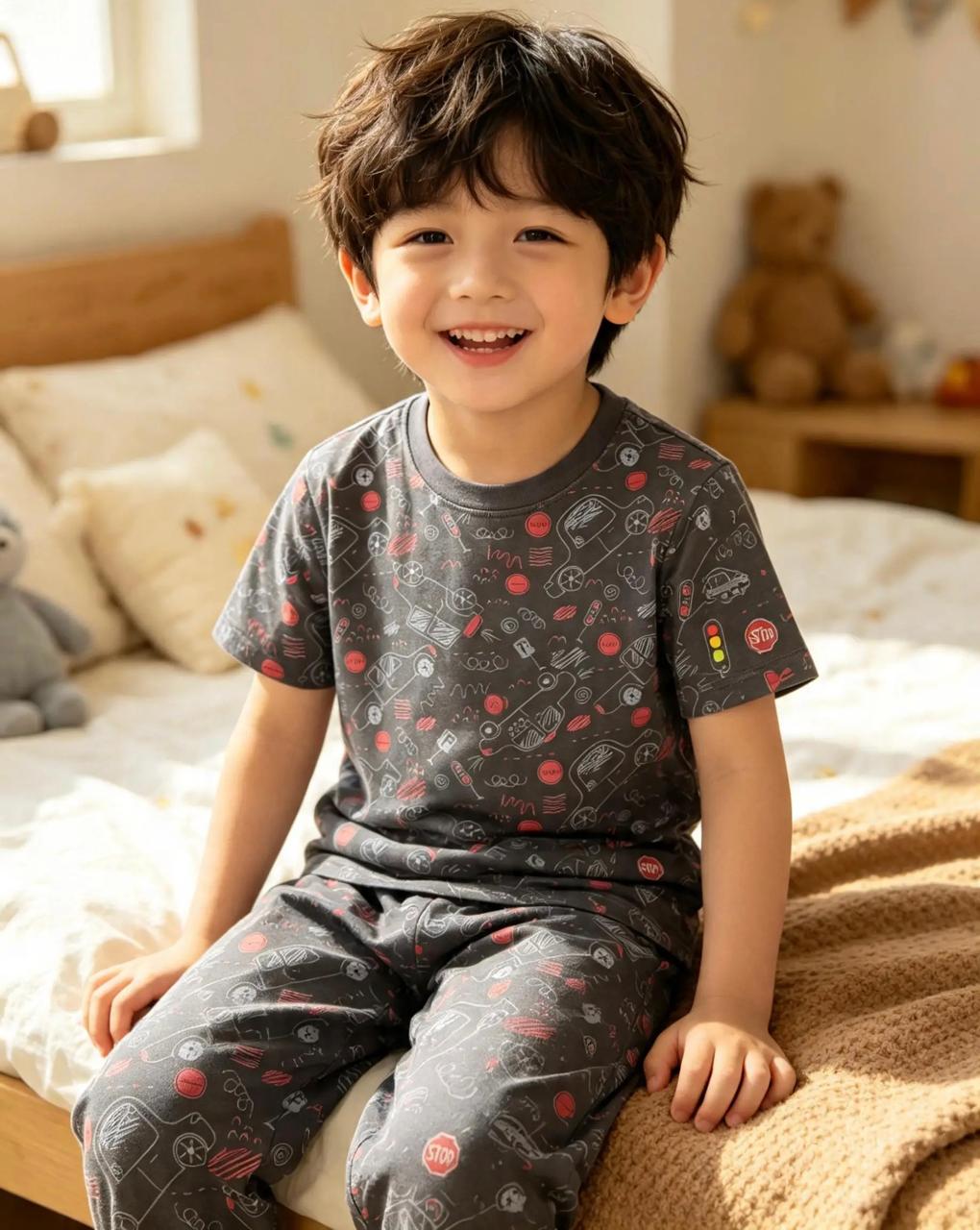 Boys’ Black Pajama Set with Fun Prints – Ages 4–14