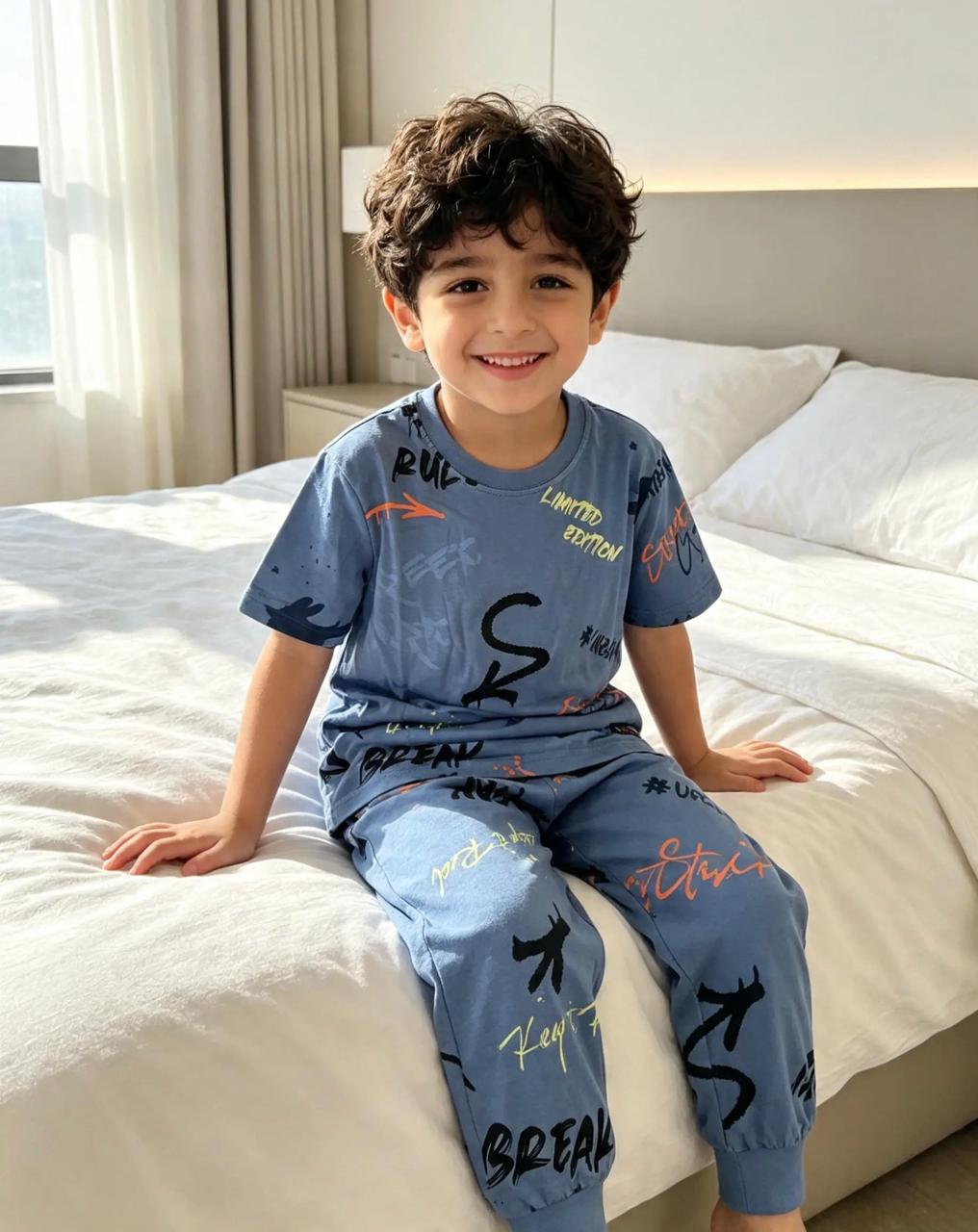 Boys’ Blue Printed Pajama Set – Premium Quality | Ages 4–14