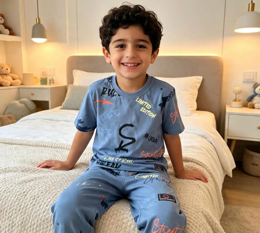 Boys’ Blue Printed Pajama Set – Premium Quality | Ages 4–14