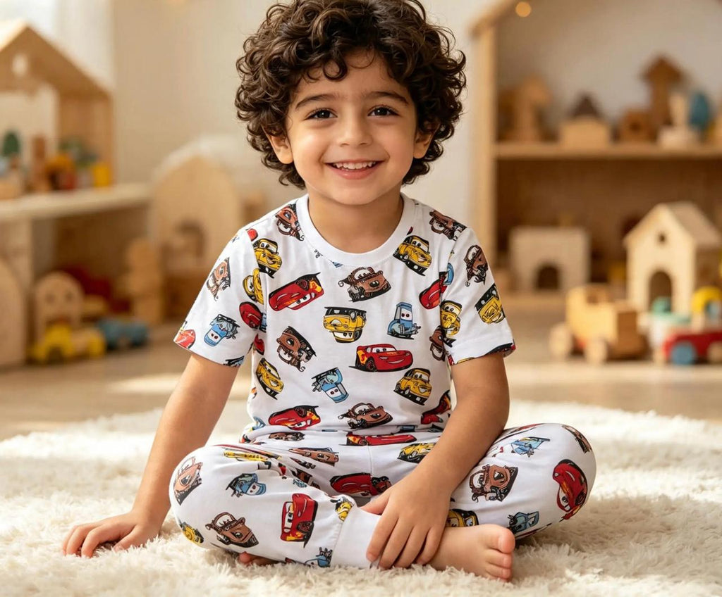 Boys’ White Pajama Set with Colorful Car Prints