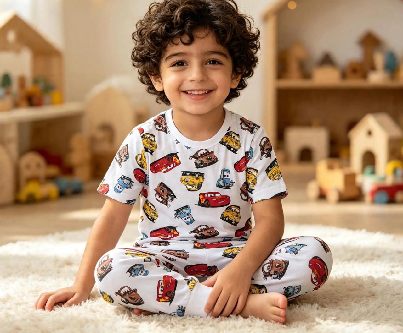Boys’ White Pajama Set with Colorful Car Prints