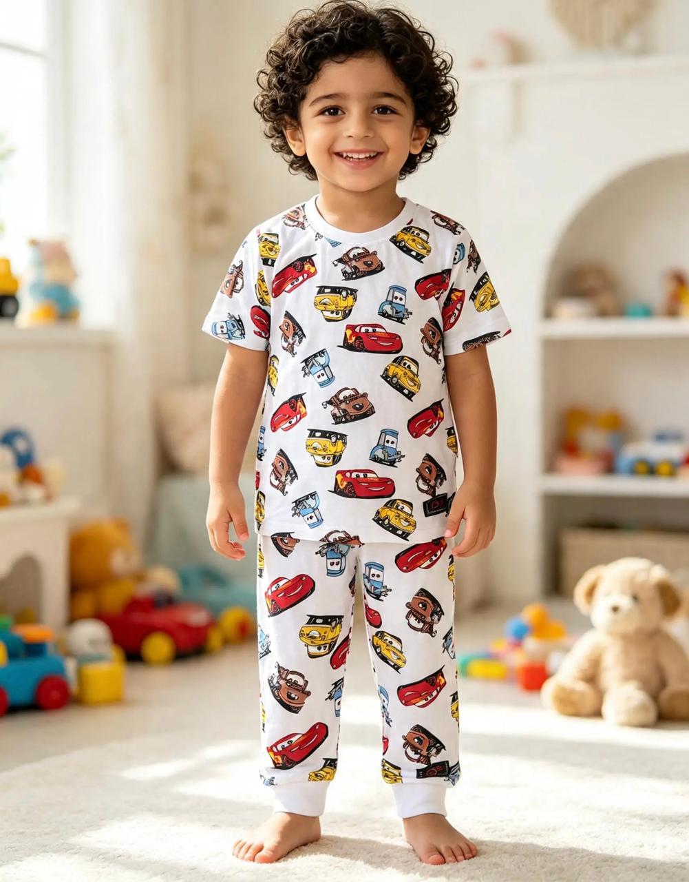 Boys’ White Pajama Set with Colorful Car Prints