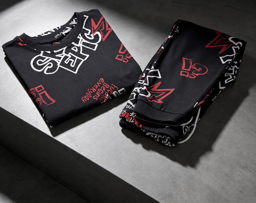 Boys’ Soft Cotton Pajama Set – Black with Modern Red & White Prints | Ages 4–14