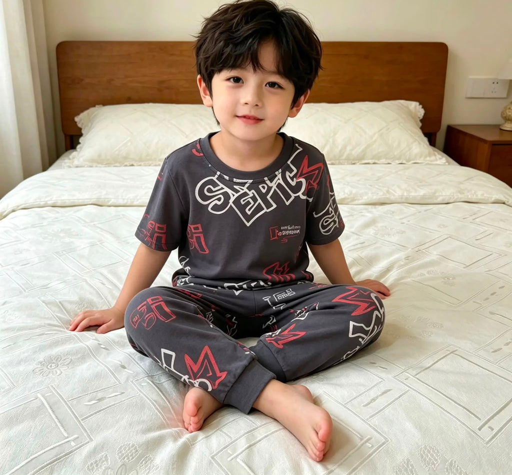 Boys’ Soft Cotton Pajama Set – Black with Modern Red & White Prints | Ages 4–14