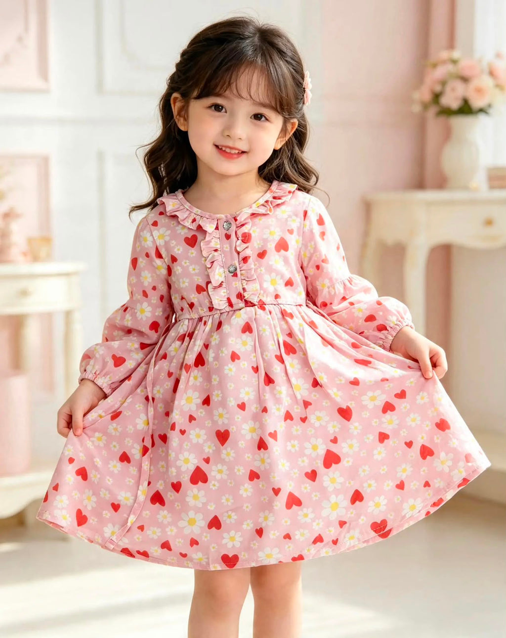 Girls’ Pink Heart & Floral Print Dress – Elegant Baby & Toddler Dress