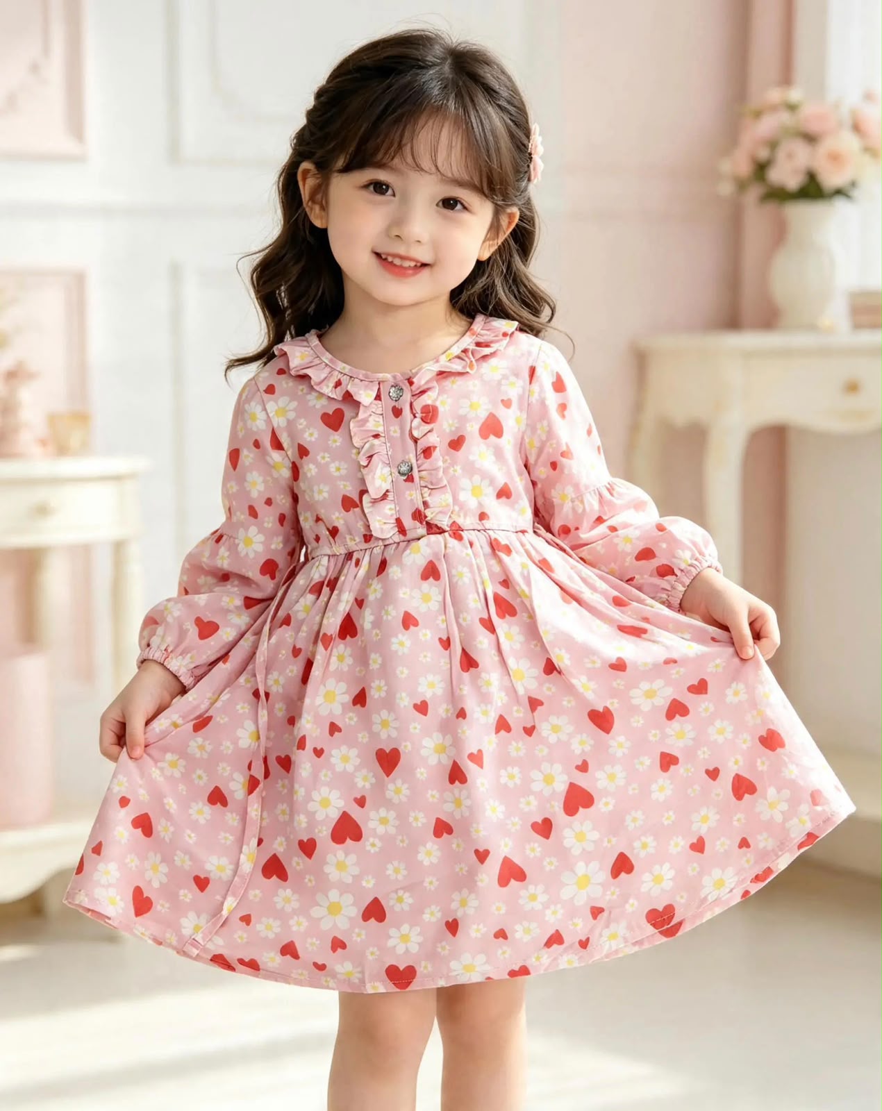 Girls’ Pink Heart & Floral Print Dress – Elegant Baby & Toddler Dress