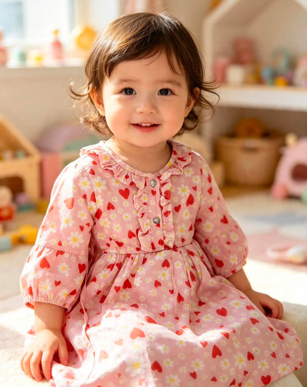 Girls’ Pink Heart & Floral Print Dress – Elegant Baby & Toddler Dress