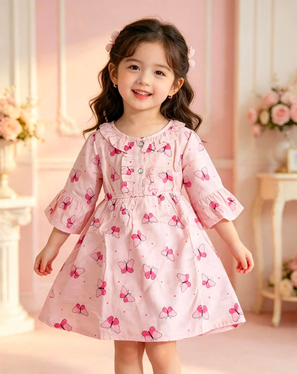 Elegant Pink Girls’ Dress with Beautiful Pink Butterfly Prints – Premium English Brand