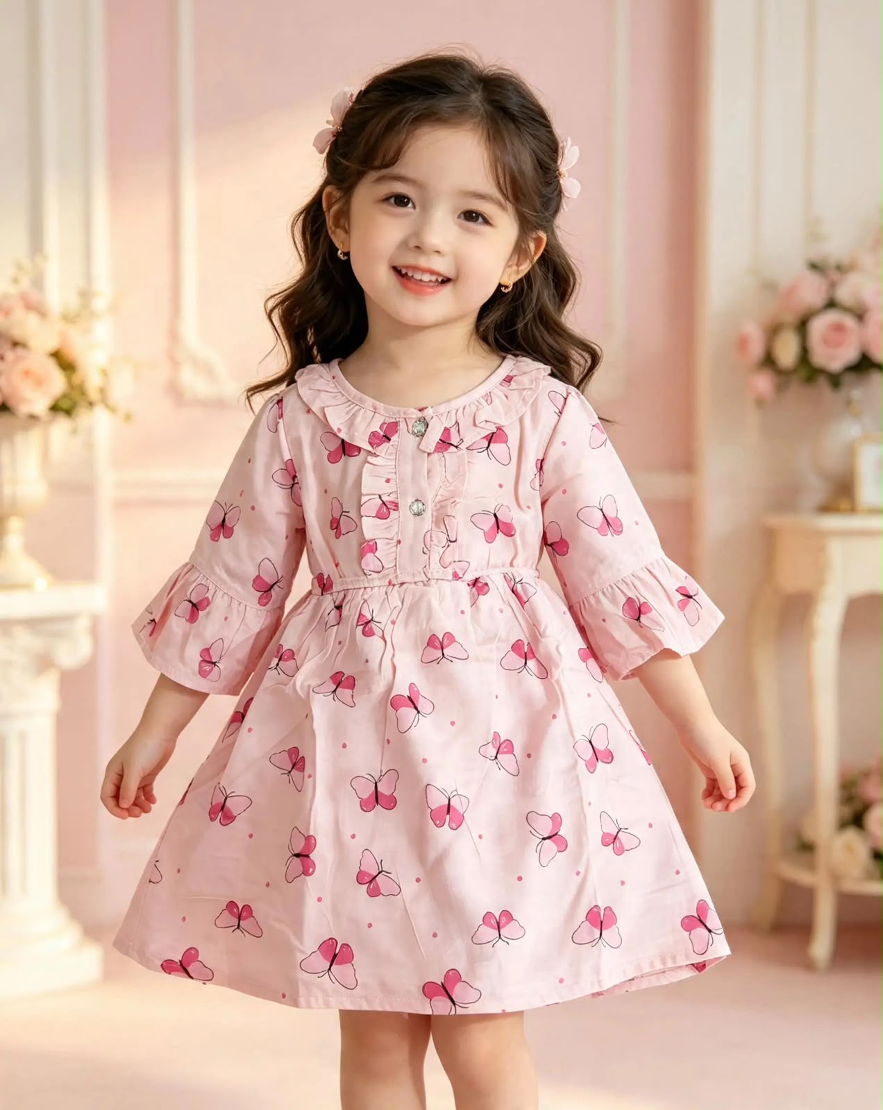 Elegant Pink Girls’ Dress with Beautiful Pink Butterfly Prints – Premium English Brand