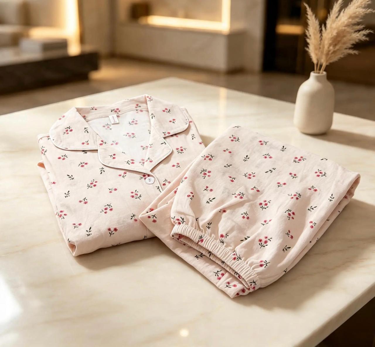 Elegant Beige Summer Pajama Set with Small Red Floral Prints