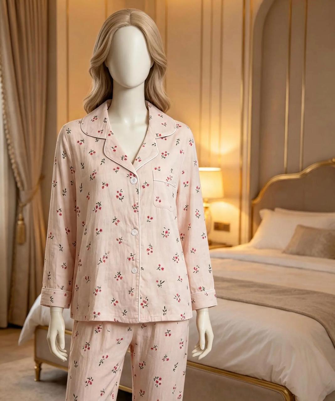 Elegant Beige Summer Pajama Set with Small Red Floral Prints